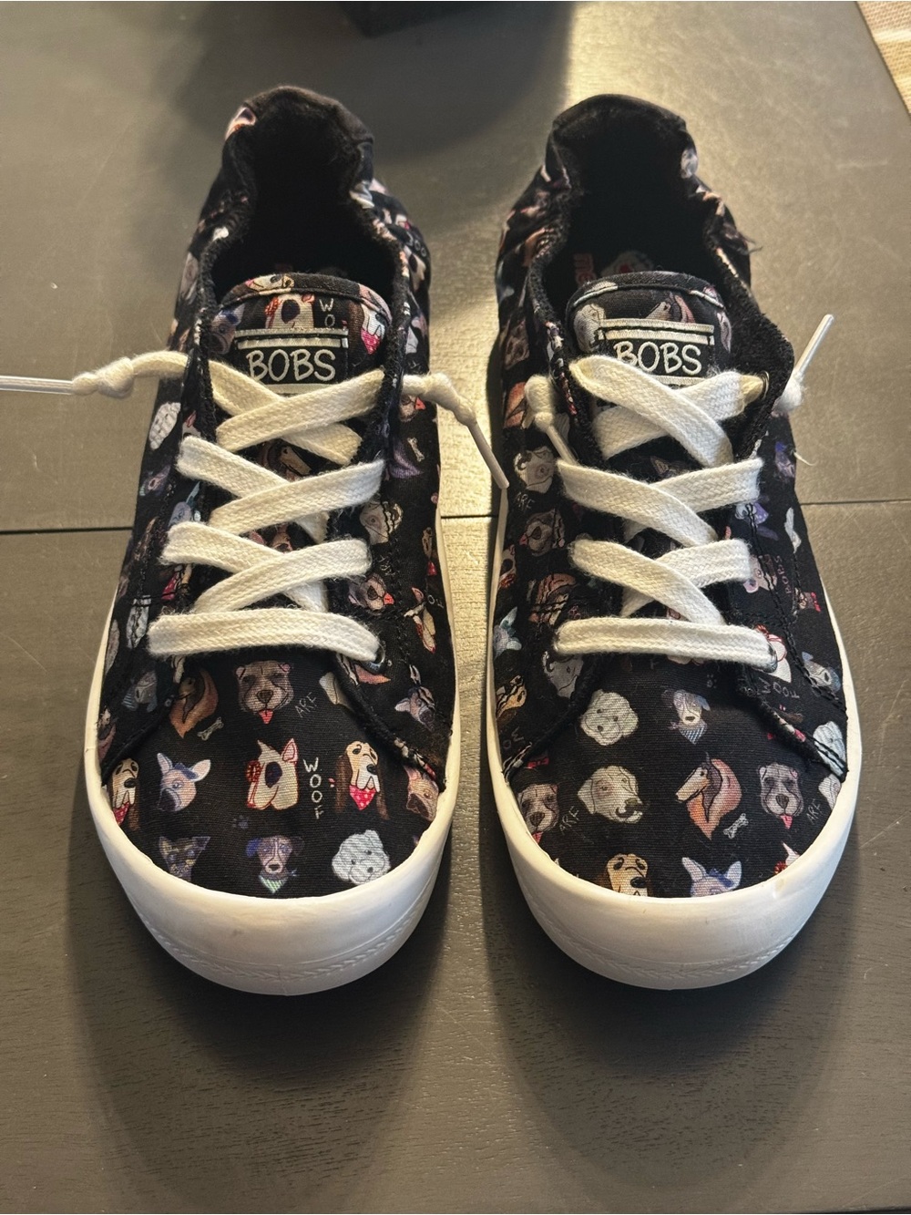 Skechers BOBS black canvas sneakers with multicolor dog print white accents 9.5. - Picture 2 of 12